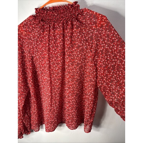 GAP Red & White Dainty Floral Chiffon Long Sleeve Mock Neck Ruffle Blouse M - Picture 3 of 11